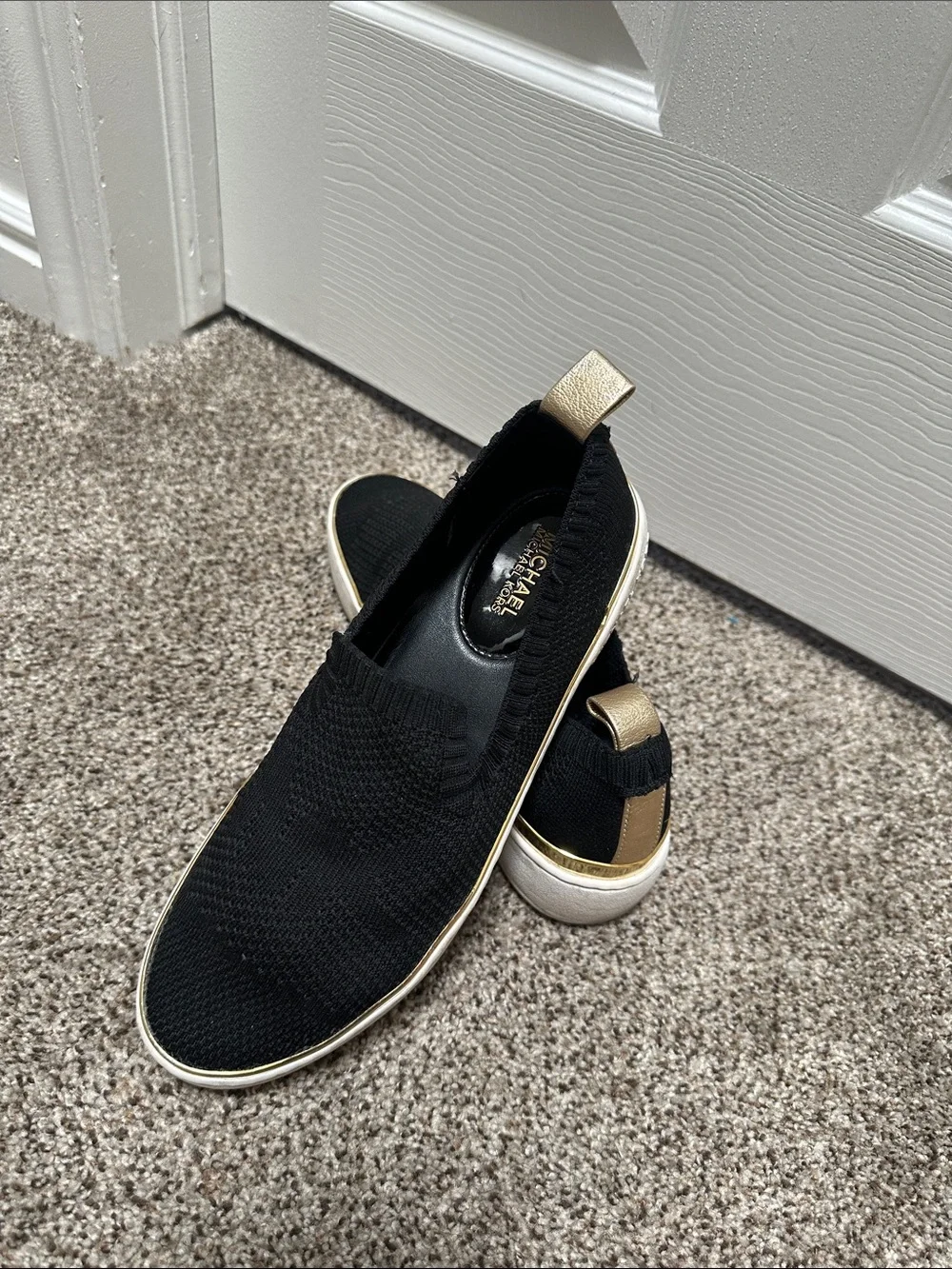 Women’s Black Slip-On Knit Sneakers with Gold Accent